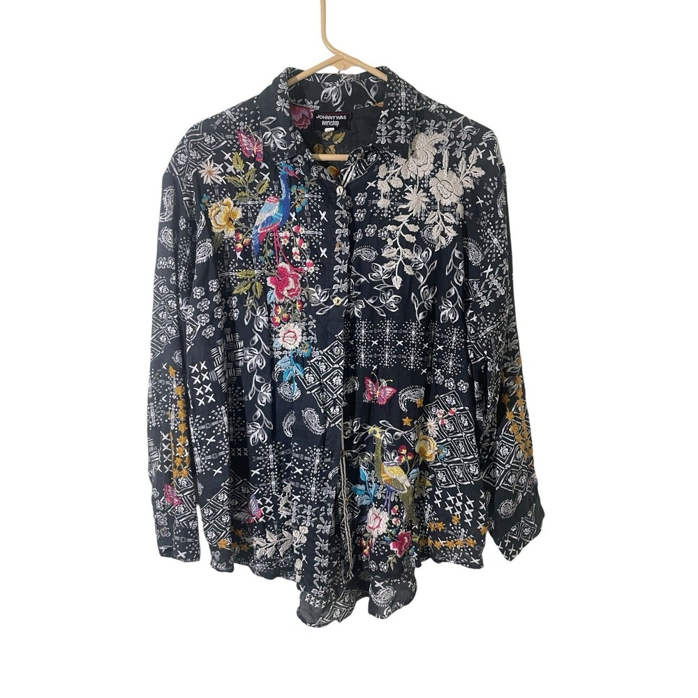 Johnny Was Workshop M Oversized Embroidered Button Down Bird Floral Boho Whimsy - Picture 4 of 13